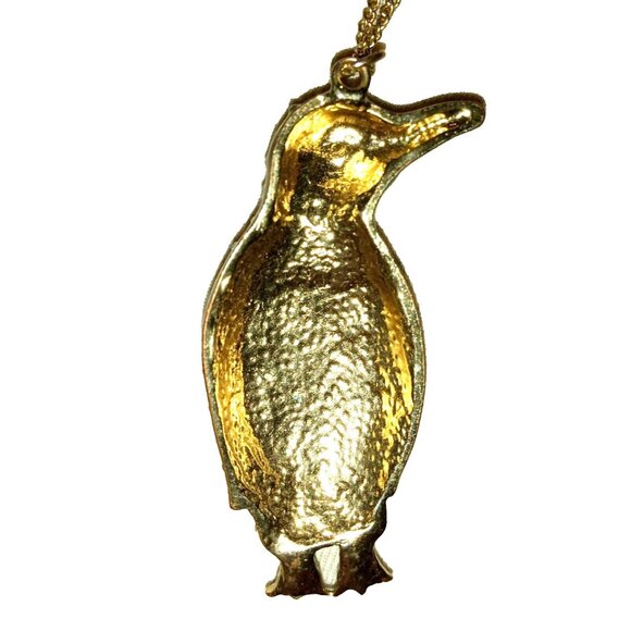 Vintage Gold Tone Black Enamel Penguin Pendant Necklace Clear Rhinestone Figural - Picture 3 of 7